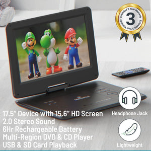 17.5" Portable DVD Player | Rechargeable DVD Player Portable with 15.6 inch HD Swivel and Flip Screen | Mains or Car Powered, Region Free, Anti-Shock Protect, Remote Control | Oakcastle DVD175