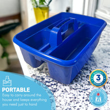 Load image into Gallery viewer, CLEANING CADDY WITH HANDLE | Portable shower caddy basket | Blue plastic organiser | Housekeeping caddy | Caddy organiser | Craft tote with 4 sections | 38cm (L) x 30cm (W) x 13cm (D)
