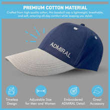 Load image into Gallery viewer, Admiral Adjustable Navy Blue Baseball Cap, classic unisex cotton hat for casual, sports &amp; outdoor wear
