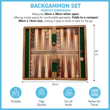 Load image into Gallery viewer, Wooden Inlaid Backgammon Set 36cm x 30cm, Classic Strategy Board Game,  Includes Wooden Playing Pieces and Dice
