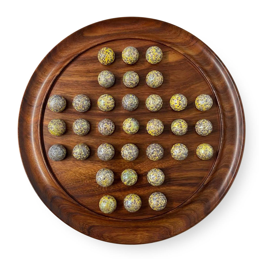 30cm Diameter WOODEN SOLITAIRE BOARD GAME with SPECKLED GOLDEN SPINOSAURUS GLASS MARBLES | |classic wooden solitaire game | strategy board game | family board game | games for one | board games