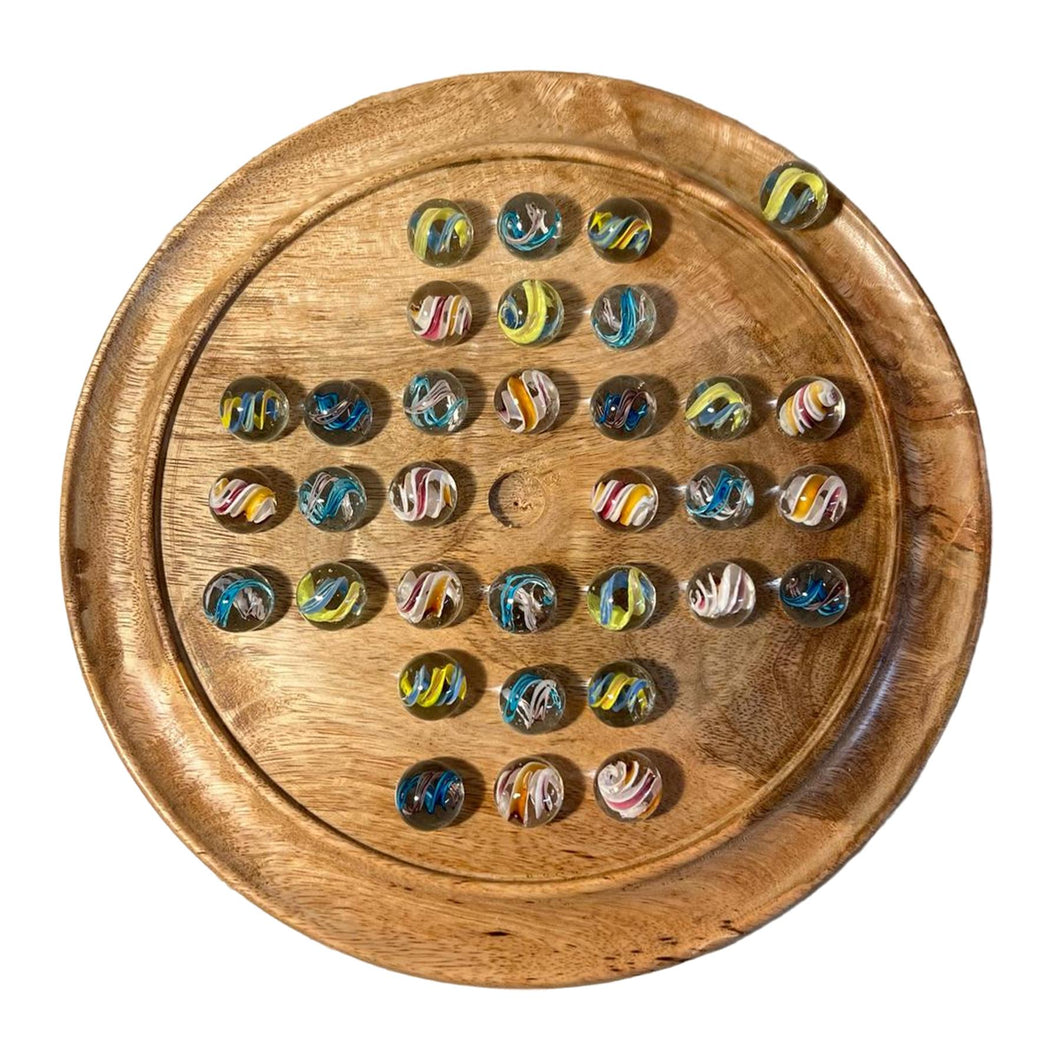 30cm Diameter MANGO WOOD SOLITAIRE BOARD GAME with HELTER SKELTER GLASS MARBLES | |classic wooden solitaire game | strategy board game | family board game | games for one | board games