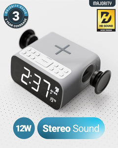 REFURBISHED MAJORITY Bluetooth Bedside FM Radio Alarm Clock | Wireless Charging for Phones| 12W Stereo Sound with Dual Alarm, Built-in Thermometer, and 30 Presets | Large Dimmable Display Darwin digital clock