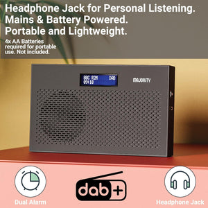 DAB, DAB+ Digital and FM radio | Battery and Mains Powered Portable Radio with 15 Hours Playback and LED Display | Majority Histon 2 Compact DAB Radio | Radio with Dual Alarm and 20 Preset | Black
