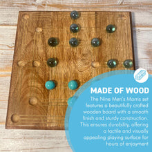 Load image into Gallery viewer, Nine Mans Morris marble game with wooden board | Quirky strategy solitaire marble game | includes 20 glass marbles and wooden board | 14cm x 14cm | Mill Game | Traditional wooden game
