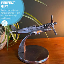 Load image into Gallery viewer, Distressed Silver Aluminum Spitfire Model Plane on Stand – Vintage Aircraft Decor Collectible
