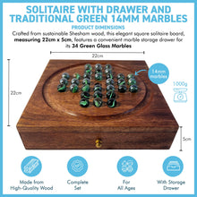 Load image into Gallery viewer, Wooden Solitaire with Drawer for Traditonal Green Marbles | Travel Games | Strategic &amp; Traditional Games | Perfect for Adults &amp; Family Fun
