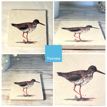 Load image into Gallery viewer, REDSHANK STONE COASTER | Stone Coasters | Animal novelty gift | Coaster for glass, mugs and cups| Square coaster for drinks | Bird gift | Meg Hawkins art | 10cm x 10cm
