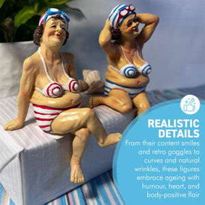 2 Retro Style Fat Bathing Ladies in Striped Bikinis, Novelty Bathroom Figurines