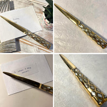 Load image into Gallery viewer, Mother of Pearl inlaid Letter Opener with polished brass finish, Decorative Envelope Opener for school, home, or office use

