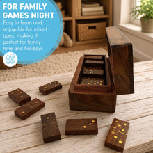Load image into Gallery viewer, Solid Wood Dominoes Set with Brass Inlay Storage Box - 28 Tiles with Brass Spots and a Hinged Lid
