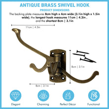 Load image into Gallery viewer, Four-way Folding Coat Hook | Antique Brass Swivel Hook | | Wall mounted for bathroom, kitchen, bedroom | Captains hook | independently swiveling arms | Versatile and elegant
