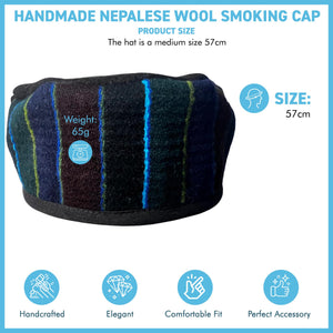 Handmade Nepalese Wool Black Smoking Cap, Lightweight, Stylish, with Traditional Tibetan Accents, Size 57cm, medium