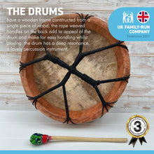 Load image into Gallery viewer, 40cm diameter Ghanaian Shamanic Sami hand drum with wooden beater | frame drum | medicine | Viking / Pagan Hand Drum | wooden frame | rope weaved handles at the rear | deep resonant tone
