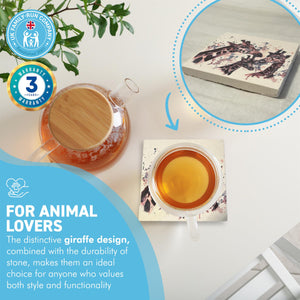 GIRAFFE STONE COASTER | Stone Coasters | Animal novelty gift | Coaster for glass, mugs and cups| Square coaster for drinks | Giraffe gift | Meg Hawkins art | 10cm x 10cm