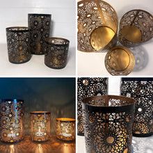 Load image into Gallery viewer, Set of 3 Moroccan-Style Round Tea Light Holders, Arabic Design, Black &amp; Gold Metal Finish - Perfect for Home Decor
