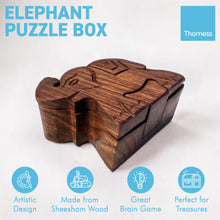 Load image into Gallery viewer, 4-piece Elephant Wooden Puzzle Box | Wooden Elephant Puzzle Box | Handmade wooden puzzle box | Handmade Wooden trinket secrets Box | Sustainable Shesham wooden hand carved box | 12cm (w) x 5cm (h)
