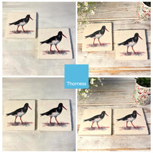 Load image into Gallery viewer, 2 x OYSTER CATCHER STONE COASTERS | Stone Coasters | Animal novelty gift | Coaster for glass, mugs and cups| Square coaster for drinks | Beach gift | Meg Hawkins art | 10cm x 10cm
