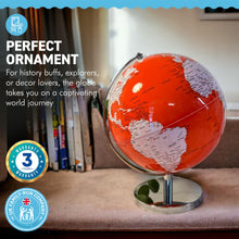 Load image into Gallery viewer, ORANGE WORLD GLOBE | Globes of the world | World globe for adults | Earth globe | Desk ornament | Explorers gift | World globe | 25cm (D) x 25cm (W) x 30 cm (H)
