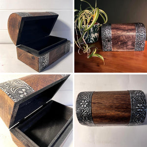 Mango Wood Treasure Box with floral embossed design, ideal for jewellery & trinkets