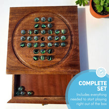 Load image into Gallery viewer, Wooden Solitaire with Drawer for Traditonal Green Marbles | Travel Games | Strategic &amp; Traditional Games | Perfect for Adults &amp; Family Fun
