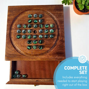 Wooden Solitaire with Drawer for Traditonal Green Marbles | Travel Games | Strategic & Traditional Games | Perfect for Adults & Family Fun