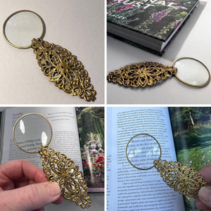 Handy Gold Magnifying Glass with pretty metalwork handle, Lightweight Magnifier