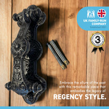 Load image into Gallery viewer, CAST IRON DOOR KNOCKER REGENCY DESIGN WITH ANTIQUE IRON FINISH | 23cm x 7.5cm | Fixing Bolts included | Handmade front door knocker | loud door knocker | Vintage charm with timeless elegance.

