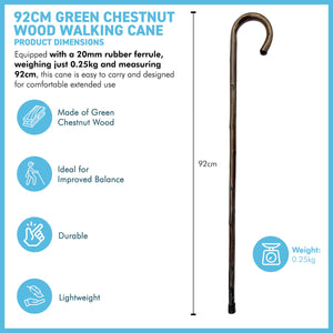 92cm Green Chestnut wooden Walking Cane, lightweight mobility aid with rubber ferrule for enhanced stability and comfort