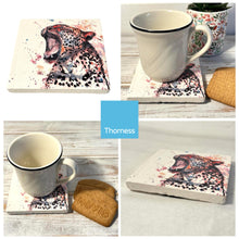 Load image into Gallery viewer, LEOPARD STONE COASTER | Stone Coasters | Animal novelty gift | Coaster for glass, mugs and cups| Square coaster for drinks | Leopard gift | Meg Hawkins art | 10cm x 10cm
