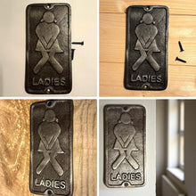 Load image into Gallery viewer, 𝗩𝗜𝗡𝗧𝗔𝗚𝗘 𝗦𝗧𝗬𝗟𝗘 𝗟𝗔𝗗𝗜𝗘𝗦 𝗖𝗔𝗦𝗧 𝗜𝗥𝗢𝗡 𝗧𝗢𝗜𝗟𝗘𝗧 𝗗𝗢𝗢𝗥 𝗦𝗜𝗚𝗡 | 𝟯′ 𝘅 𝟲’ (𝟳𝟱𝗺𝗺 𝘅 𝟭𝟱𝟬𝗺𝗺) | Plaque | Bathroom | Wall Decor | Antique Style | Bathroom Sign | Restroom | Door Sign | Decorative Home Accessory
