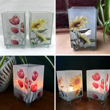 Load image into Gallery viewer, Set of 2 Glass Votive Candle Holders, Floral designs, Tulip and sunflower, Perfect for Home Decor &amp; Gifts
