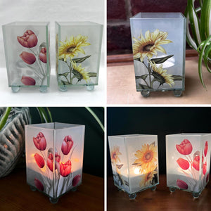 Set of 2 Glass Votive Candle Holders, Floral designs, Tulip and sunflower, Perfect for Home Decor & Gifts