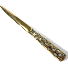 Load image into Gallery viewer, Mother of Pearl inlaid Letter Opener with polished brass finish, Decorative Envelope Opener for school, home, or office use

