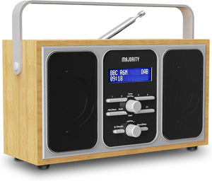 DAB, DAB+ Digital Radio with FM | Mains Powered and Portable with 15 Hours of Playback and Stereo Speakers | Majority Girton 2 Portable DAB Radio | LED Screen with Dual Alarm and 20 Pre-sets | Oak