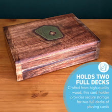 Load image into Gallery viewer, PREMIUM WOODEN CARD BOX DOUBLE DECK w/ Brass Inlay Aces Design – Includes 2 Decks for Game Night
