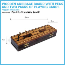 Load image into Gallery viewer, Wooden cribbage board with pegs and two packs of playing cards
