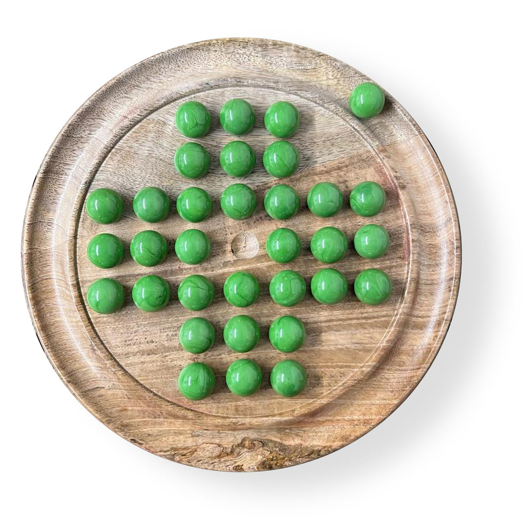 30cm Diameter MANGO WOOD SOLITAIRE BOARD GAME with Pea Green Glass Marbles | |classic wooden solitaire game | strategy board game | family board game | games for one | board games