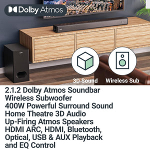 Majority Sierra 2.1.2 Dolby Atmos SOUNDBAR | WIRELESS SUBWOOFER I 400W Powerful Surround Sound | Home Theatre 3D Audio with Up-Firing Atmos Speakers | HDMI ARC, HDMI, Bluetooth, USB & AUX Playback