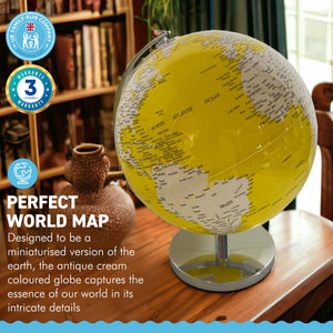 YELLOW WORLD GLOBE | Globes of the world | World globe for adults | Earth globe | Desk ornament | Explorers gift | World globe | 25cm (D) x 25cm (W) x 30 cm (H)