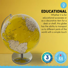 Load image into Gallery viewer, YELLOW WORLD GLOBE | Globes of the world | World globe for adults | Earth globe | Desk ornament | Explorers gift | World globe | 25cm (D) x 25cm (W) x 30 cm (H)
