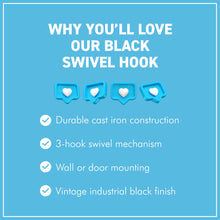 Load image into Gallery viewer, Cast Iron SWIVEL COAT HOOK Black 3-Hinge Wall &amp; Door Mounted Vintage Style Hook
