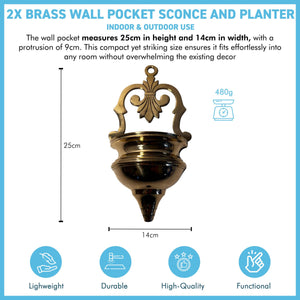 Brass Wall Planters, 2 x Wall Sconce Planters for indoor or outdoor use