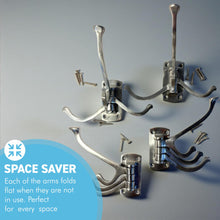 Load image into Gallery viewer, Set of four  Aluminium Triple 𝗦𝗪𝗜𝗩𝗘𝗟 𝗖𝗢𝗔𝗧 𝗛𝗢𝗢𝗞𝗦 3-Prong Wall Mounted Hanger for Towels Robes Bags Jackets Bathroom Entryway
