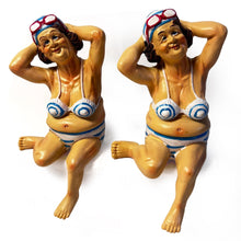 Load image into Gallery viewer, 2 Retro Style Fat Bathing Ladies in Blue Striped Bikinis, Novelty Bathroom Figurines
