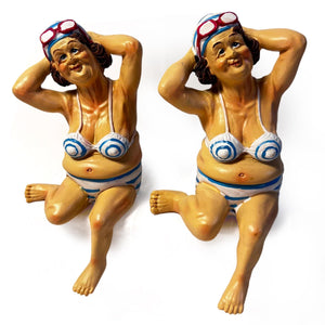 2 Retro Style Fat Bathing Ladies in Blue Striped Bikinis, Novelty Bathroom Figurines