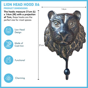 Set of Four Sturdy Wall-Mounted Cast Iron Lion Head Hook Hanger for Hats, Coats, Clothes - Perfect for Kitchen, Bathroom, Bedroom, Office