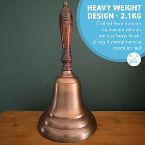 𝗘𝗫𝗧𝗥𝗔 𝗟𝗔𝗥𝗚𝗘 𝟰𝟱𝗖𝗠 𝗔𝗟𝗨𝗠𝗜𝗡𝗜𝗨𝗠 𝗦𝗖𝗛𝗢𝗢𝗟 𝗕𝗘𝗟𝗟 with Wooden Handle – Antique Brass Finish School & Service Bell