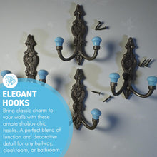 Load image into Gallery viewer, Set of 4 𝗙𝗥𝗘𝗡𝗖𝗛 𝗦𝗧𝗬𝗟𝗘 𝗖𝗔𝗦𝗧 𝗜𝗥𝗢𝗡 𝗗𝗢𝗨𝗕𝗟𝗘 𝗛𝗢𝗢𝗞𝗦 – Duck Egg Blue Ceramic Tops, Wall Coat Hooks for Hallway, Cloakroom, Bedroom

