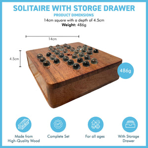 Wooden Solitaire with Drawer for Storing Marbles | Travel Games | Strategic & Traditional Games | Perfect for Adults & Family Fun